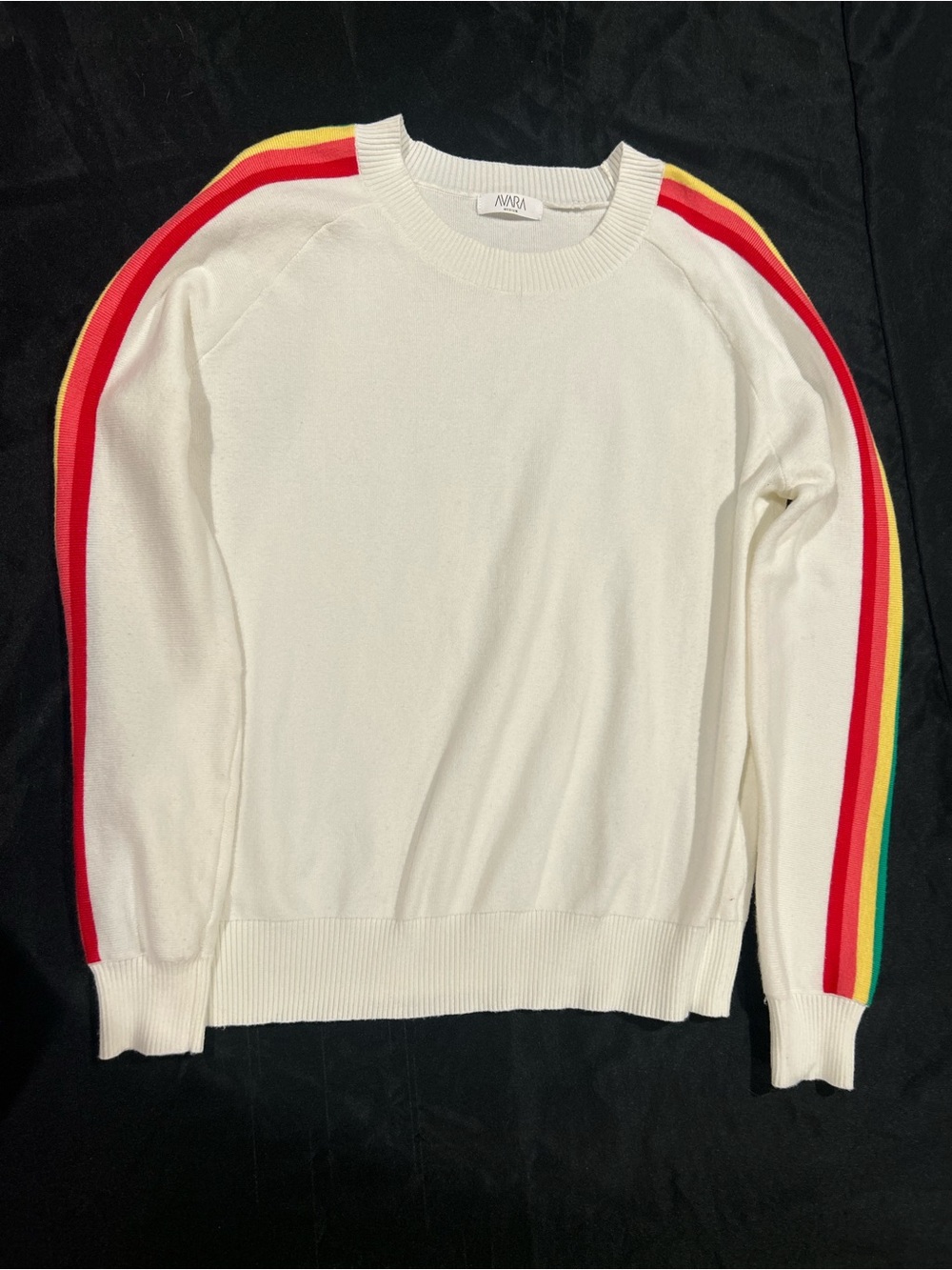 Avara White Crewneck Sweater with Rainbow  Stripes on sleeves. Medium. - Picture 4 of 5